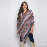 Multicolor Textured Knit Poncho with Fringe: Beige