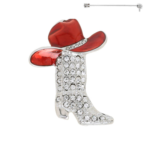 Crystal Jeweled Cowboy Boot Brooch Pin: Red