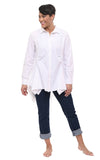 Woman wearing a white shirt and dark blue pants on a white background