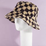 Plush Faux Fur Checkered Bucket Hat: BW