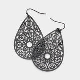 Teardrop Brass Metal Filigree Dangle Earrings: Black