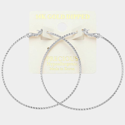 14K Gold Dipped 2 Inch Textured Metal Hoop Earrings: Silver