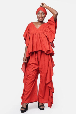 Women Two-Piece Set Ruffle Pant and Top PFL2 White: Red Set