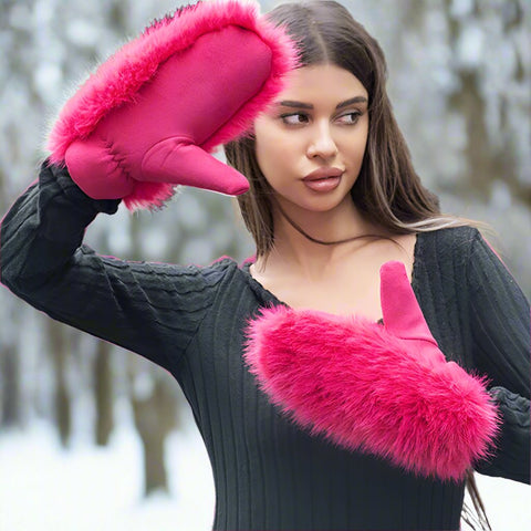  Hot Pink Fuzzy Fur Mittens