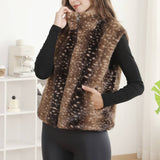 Deer Pattern Soft Faux Fur Zip-Up Vest with Pockets: COFFEE / One Size