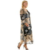 PLUS SIZE ABSTRACT PRINT MESH DUSTER & MIDI DRESS SET: Tan/Gray/Black / 2X
