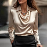 Satin Cowl Neck Collared Long Sleeve Blouse: Green Floral / XL