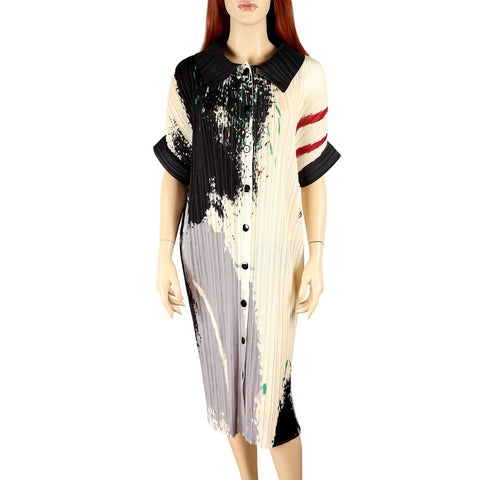 Pleated Lapel Button Up Abstract Midi Shirtdress