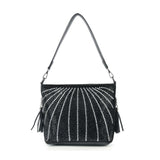 Black handbag with silver embellishments and tassels on a white background