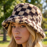 Plush Faux Fur Checkered Bucket Hat: BW