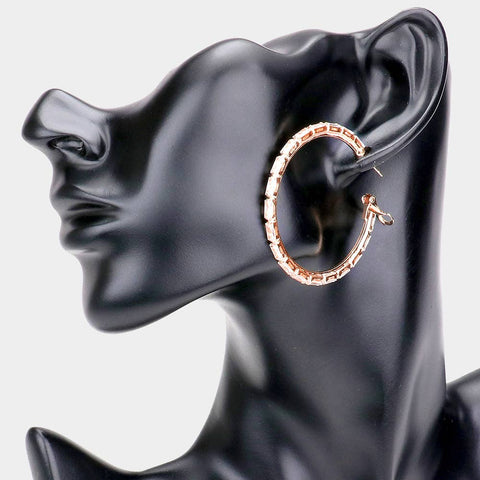 Rectangle Stone Cluster Hoop Earrings: ROSE GOLD/CLEAR