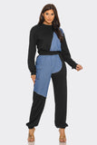 Color Block Denim Detail Top Pockets Pants Set: H.Grey-Denim / 2-2-2 (S-M-L)