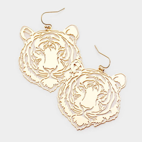 Brass Metal Cut Out Tiger Dangle Earrings
: Gold