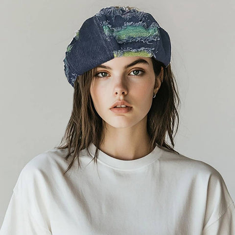 Patchwork Denim Fringe Beret Hat
: Dark Blue