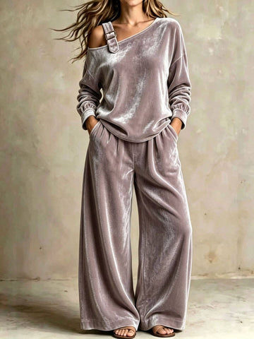 Women's Velvet One Shoulder Two Piece Set Wide Leg Pants: Brown / 2XL