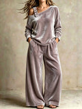 Women's Velvet One Shoulder Two Piece Set Wide Leg Pants: Burgundy / XL