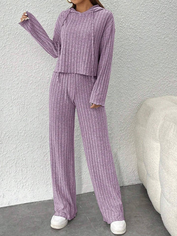 Women's Ribbed Knit Hoodie & Pants Two Piece Set: Purple / XL