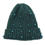 Women's Solid Faux Peal Knitted Beanie Hat: GRN / One Size