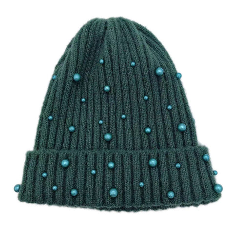 Women's Solid Faux Peal Knitted Beanie Hat: GRN / One Size