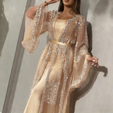 Sequin Evening Gown with Cape Sleeve: Black / XL