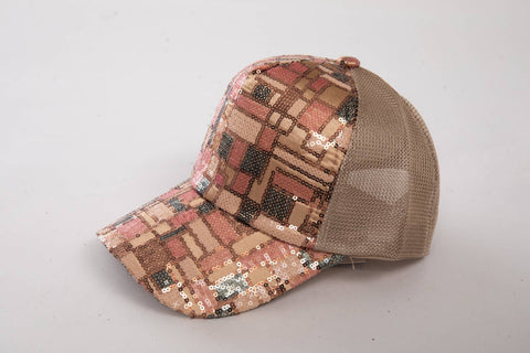 Sequin Plaid Mesh Trucker Cap – Chic Statement Hat: Brown