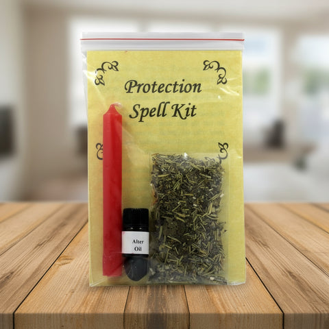 Protection Spell Kit with red candle, herbs, and oil bottle on a white background
