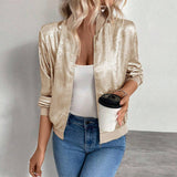 Women's Metallic Zip-Up Bomber Jacket Lightweight Casual: Gold / 100%Viscose / XL