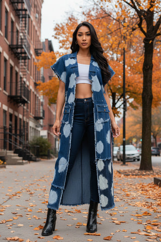 Woman wearing a long blue cardigan with white patterns on a white background