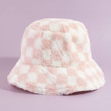 Plush Faux Fur Checkered Bucket Hat: BW
