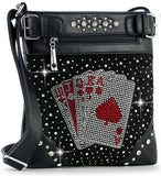 Black handbag with studded details and a playing card design on a white background