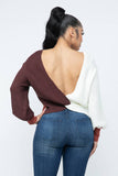 Color Block Twisted Open Back Loose Fit Cozy Sweater: Rust Combo / 1-2-2-1 (S-M-L-XL)
