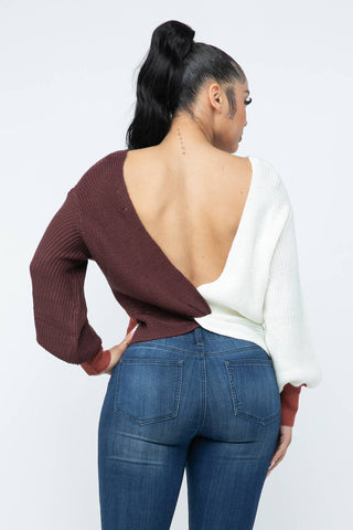 Color Block Twisted Open Back Loose Fit Cozy Sweater: Rust Combo / 1-2-2-1 (S-M-L-XL)