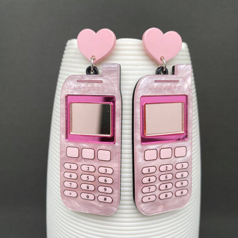Acrylic Pink Phone Heart Post Earrings - YK