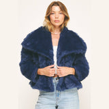LUXE NAVY FAUX FUR CROPPED JACKET: NAVY / L