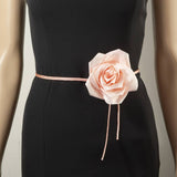 Satin Rose Flower Lariat Wrap Waist Belt: BK