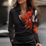 Satin Cowl Neck Collared Long Sleeve Blouse: Green Floral / XL