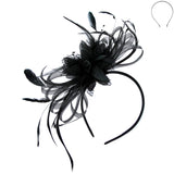 Floral Fascinator Headband w/ Side Loops & Feathers: Black