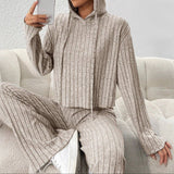 Women's Ribbed Knit Hoodie & Pants Two Piece Set: Purple / XL