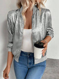Women's Metallic Zip-Up Bomber Jacket Lightweight Casual: Gold / 100%Viscose / XL
