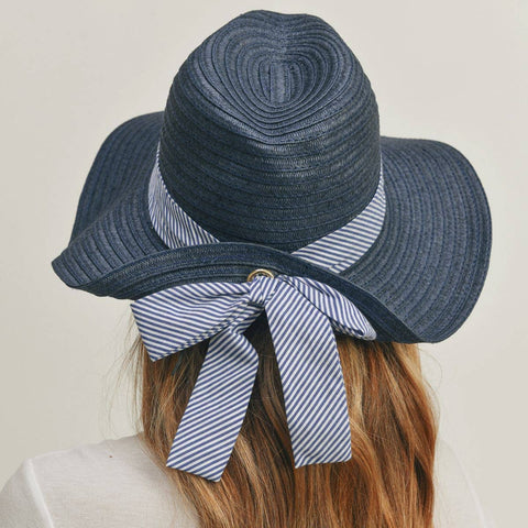 Navy Striped Bow Fedora Hat: Navy / Multi Tone / One Size
