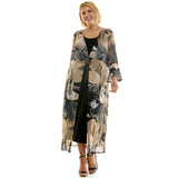 PLUS SIZE ABSTRACT PRINT MESH DUSTER & MIDI DRESS SET: Tan/Gray/Black / 2X