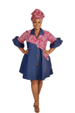 Denim Shirt Dress with Ankara African Print 3139-L: Red
