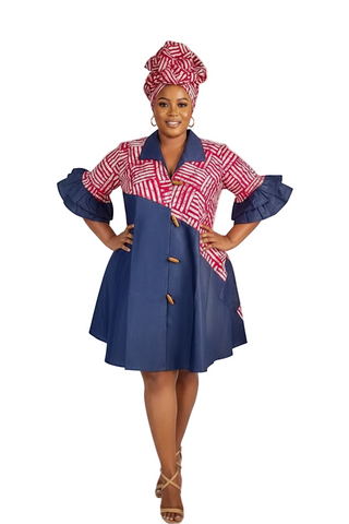 Denim Shirt Dress with Ankara African Print 3139-L: Red