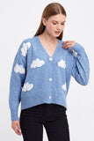 Cloud Printed Knit Cardigan Cropped Cute Sweaters: Blue