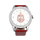 DST Red Leather Silver Sun Cut Dial Watch Women: Red / Rhodium / Adjustable