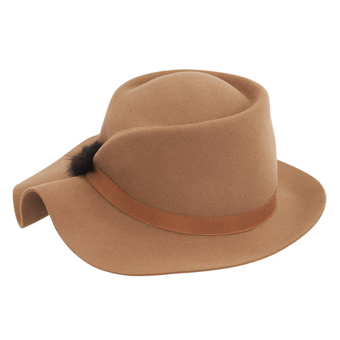 Tan, Wool Felt Cloche with Grosgrain Trim, Brim 4"