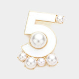 Pearl Embellished Enamel NO. 5 Pin Brooch: Black