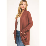 SOFT WRAP SHIRRED SIDE OPEN CARDIGAN: RDBRN / M
