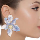 Drop Marbled Blue Botanical Chic Floral Earrings: Blue / Multi Tone / 3 x 2.75 inches