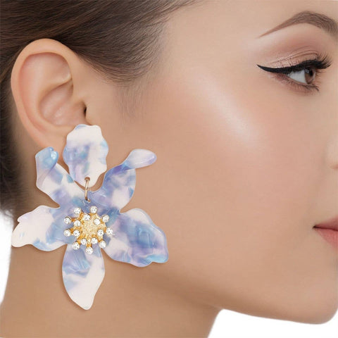 Drop Marbled Blue Botanical Chic Floral Earrings: Blue / Multi Tone / 3 x 2.75 inches